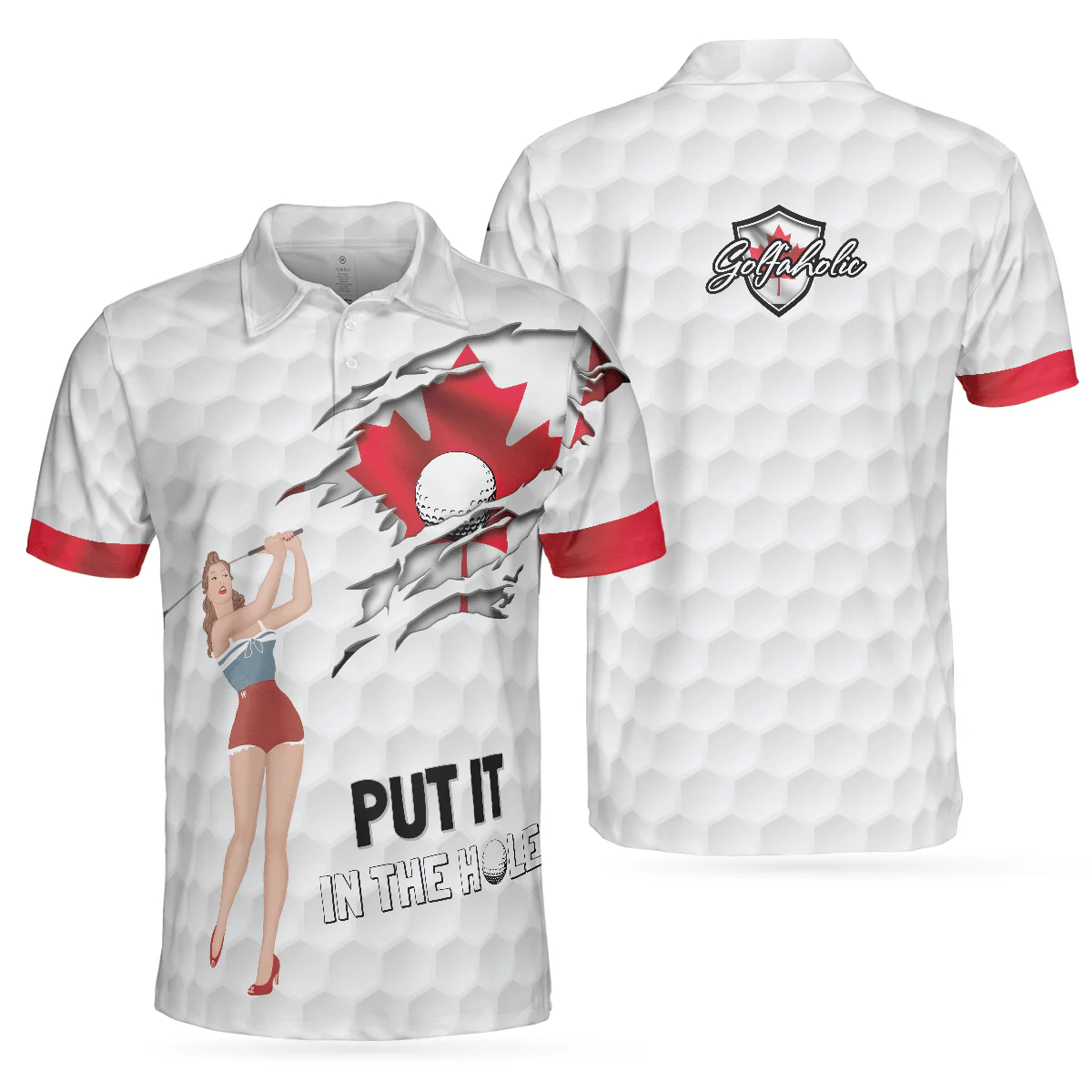 Men Golf Polo Shirt - Golf Canada Flag Pin Up Girl Polo Shirt, Put It In The Hole Polo Shirt, Canadian Flag Polo Shirt - Perfect Gift For Men, Golfers