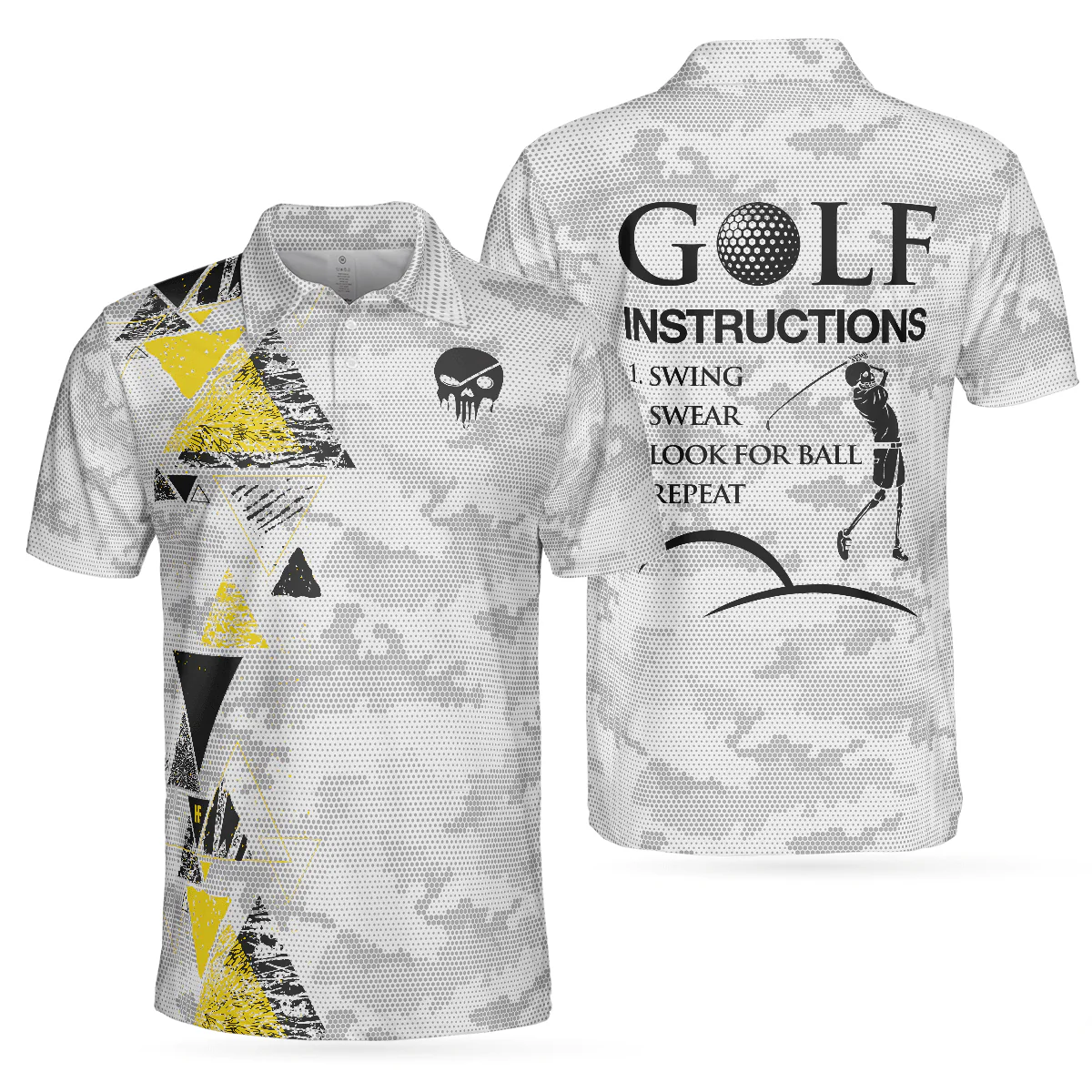 Men Golf Polo Shirt - Golf Instructions Triangle And Camouflage Pattern Polo Shirt, Skull Men Polo Shirt, Best Gift For Men Golfers
