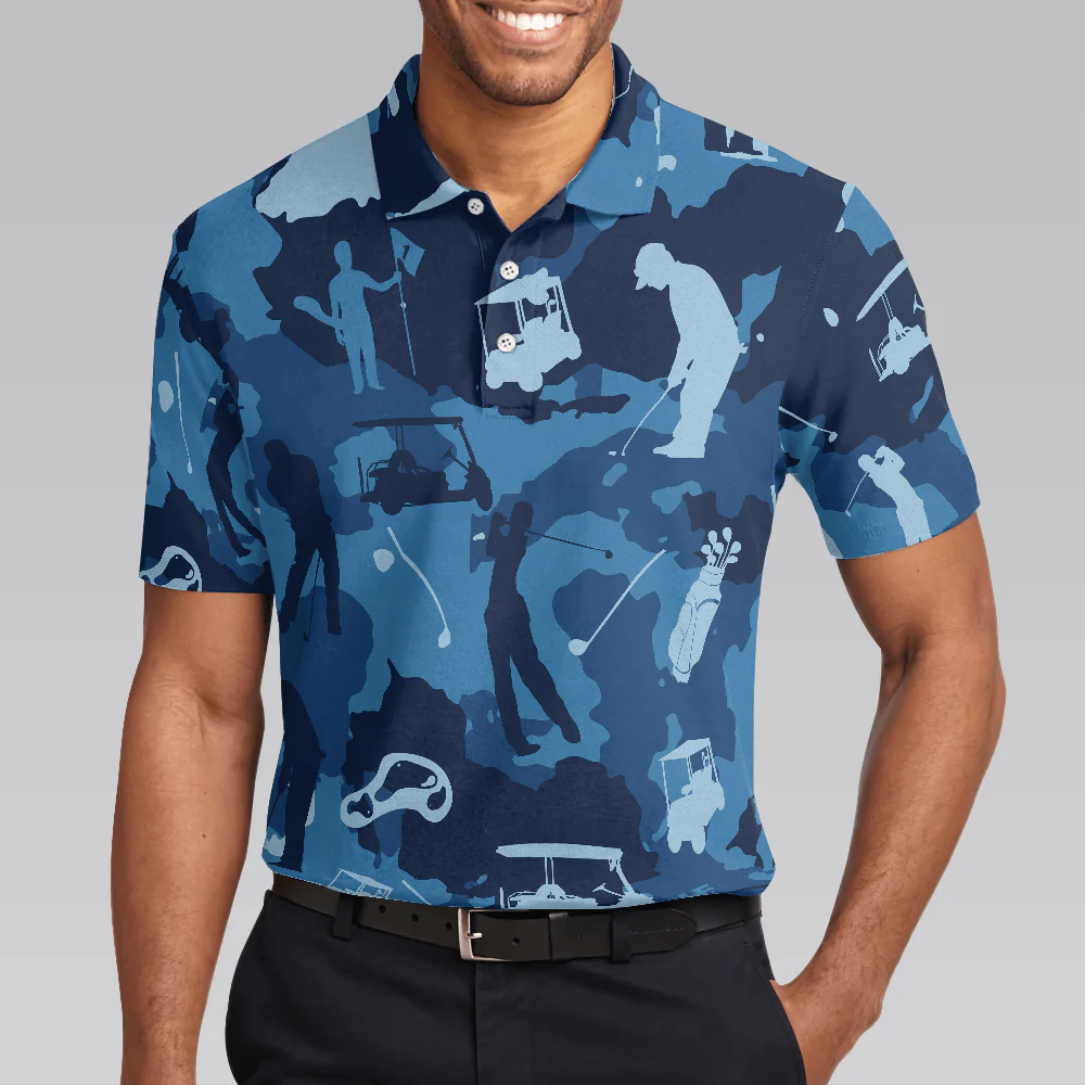 Men Golf Polo Shirt - Golf Ocean Blue Camouflage Men Polo Shirt, Streetwear Golfing Polo Shirt, Camo Golf Shirt For Men, Golfers - Image 3