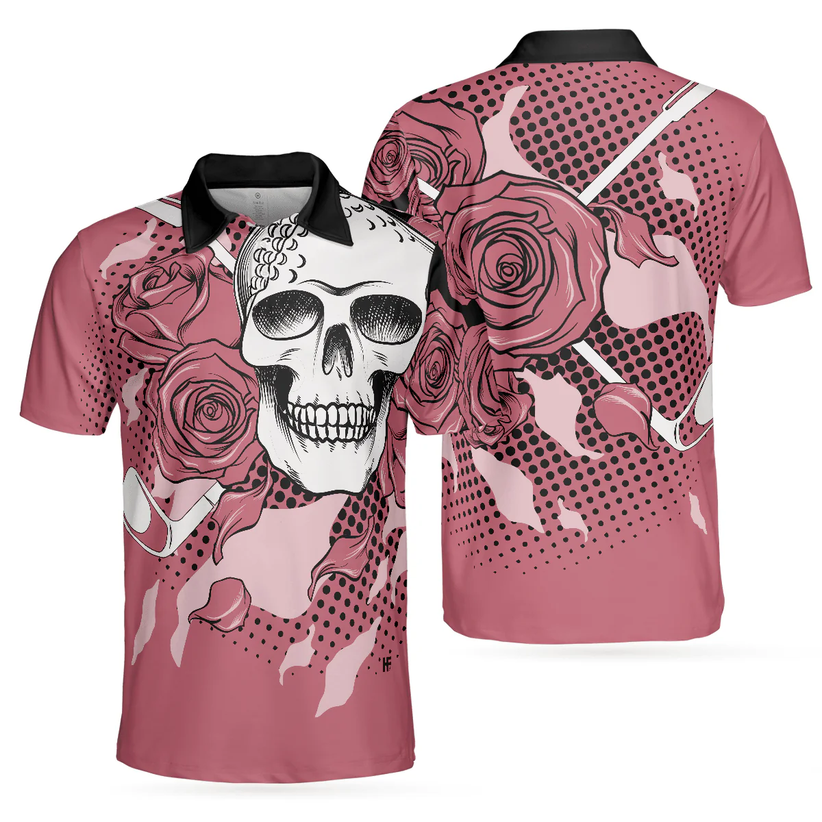 Men Golf Polo Shirt - Golf Rose Skull Men Polo Shirt, Pink Men Golf Polo Shirt - Perfect Polo Shirt For Men, Golfers
