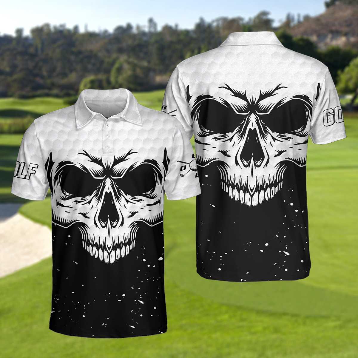 Men Golf Polo Shirt - Golf Skull Pattern Black And White Polo Shirt, Golf Pattern Polo Shirt, Best Golf Shirt For Men, Golfers - Image 4