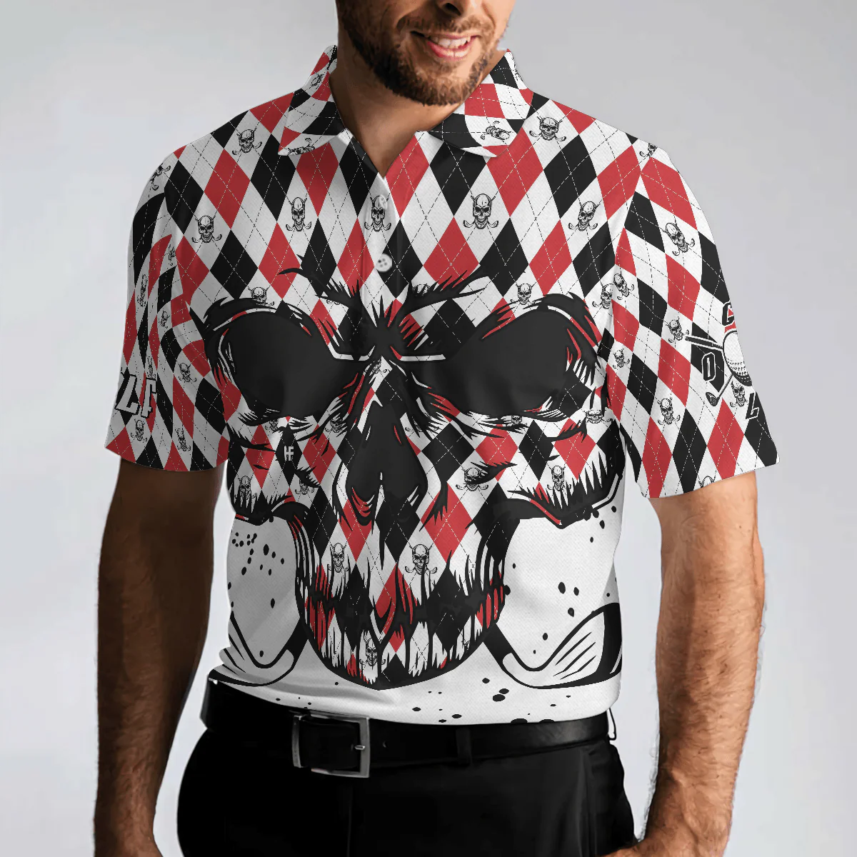 Men Golf Polo Shirt - Golf Skull Red Black And White Pattern Polo Shirt, Argyle Pattern Polo Shirt, Best Golf Shirt For Men, Golfers - Image 4