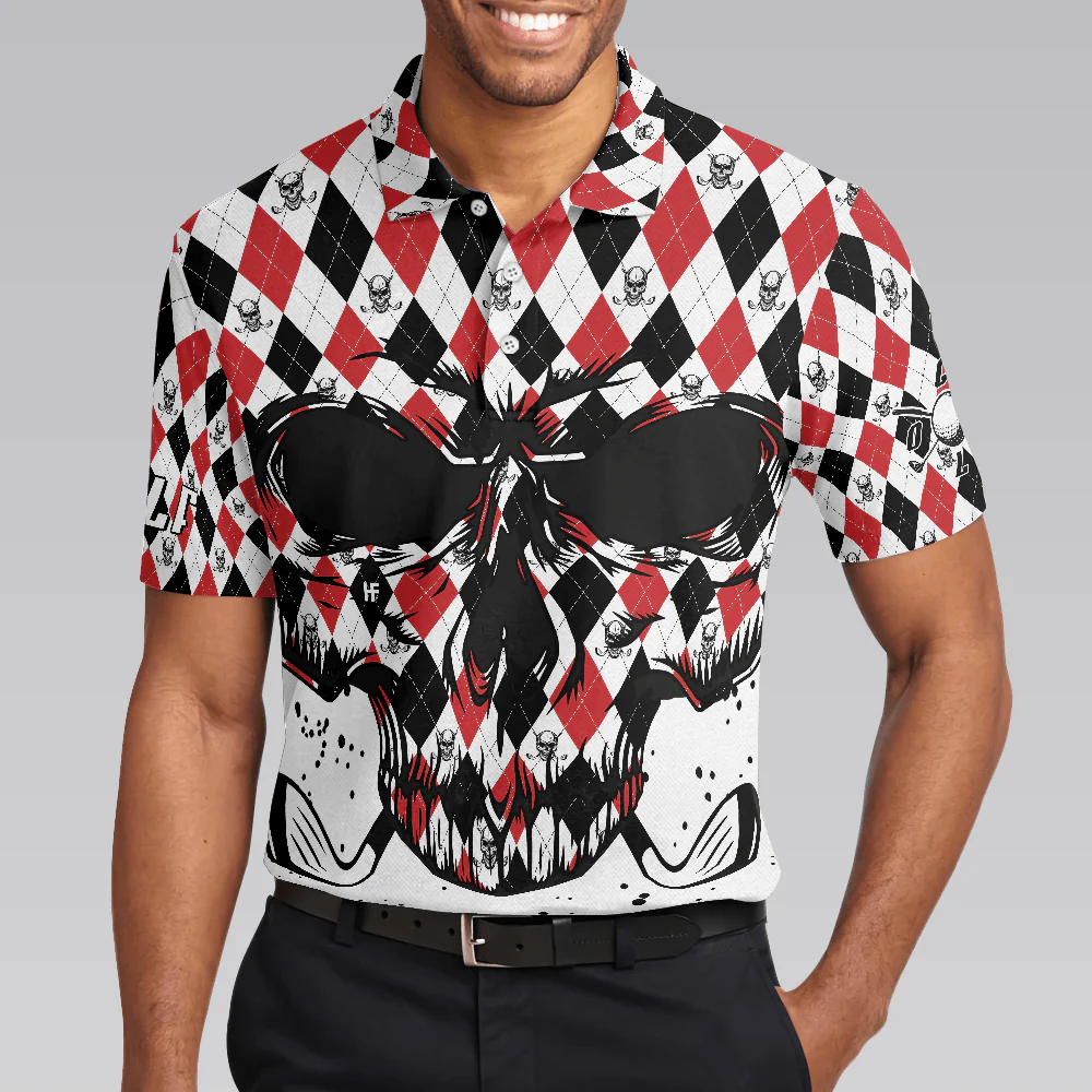 Men Golf Polo Shirt - Golf Skull Red Black And White Pattern Polo Shirt, Argyle Pattern Polo Shirt, Best Golf Shirt For Men, Golfers - Image 5