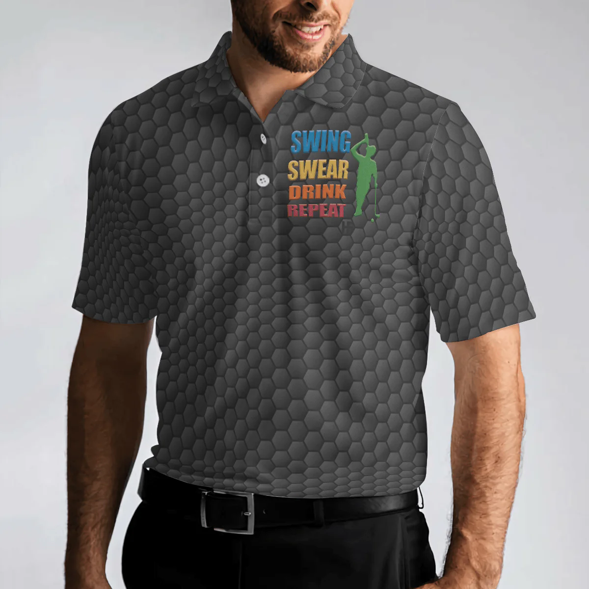 Men Golf Polo Shirt - Golf Swing Swear Drink Repeat, Black Golf Ball Pattern, Funny Golf Shirt With Sayings Shirt For Men, Best Gift For Golfers - Image 4