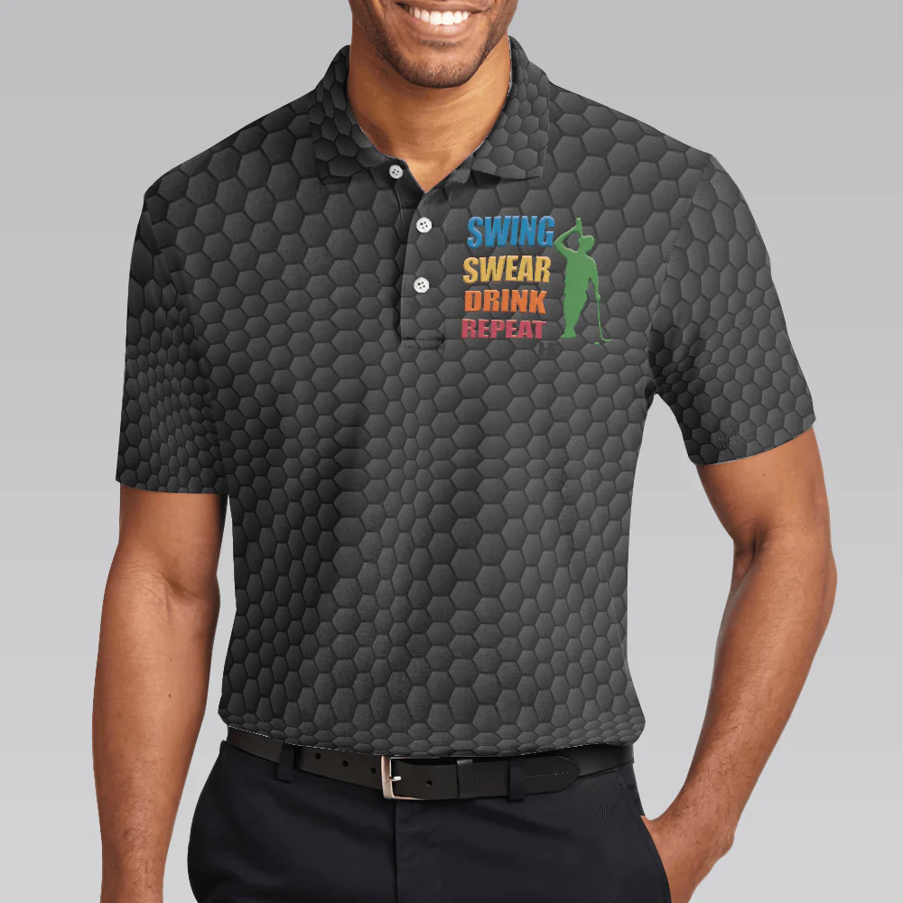 Men Golf Polo Shirt - Golf Swing Swear Drink Repeat, Black Golf Ball Pattern, Funny Golf Shirt With Sayings Shirt For Men, Best Gift For Golfers - Image 5