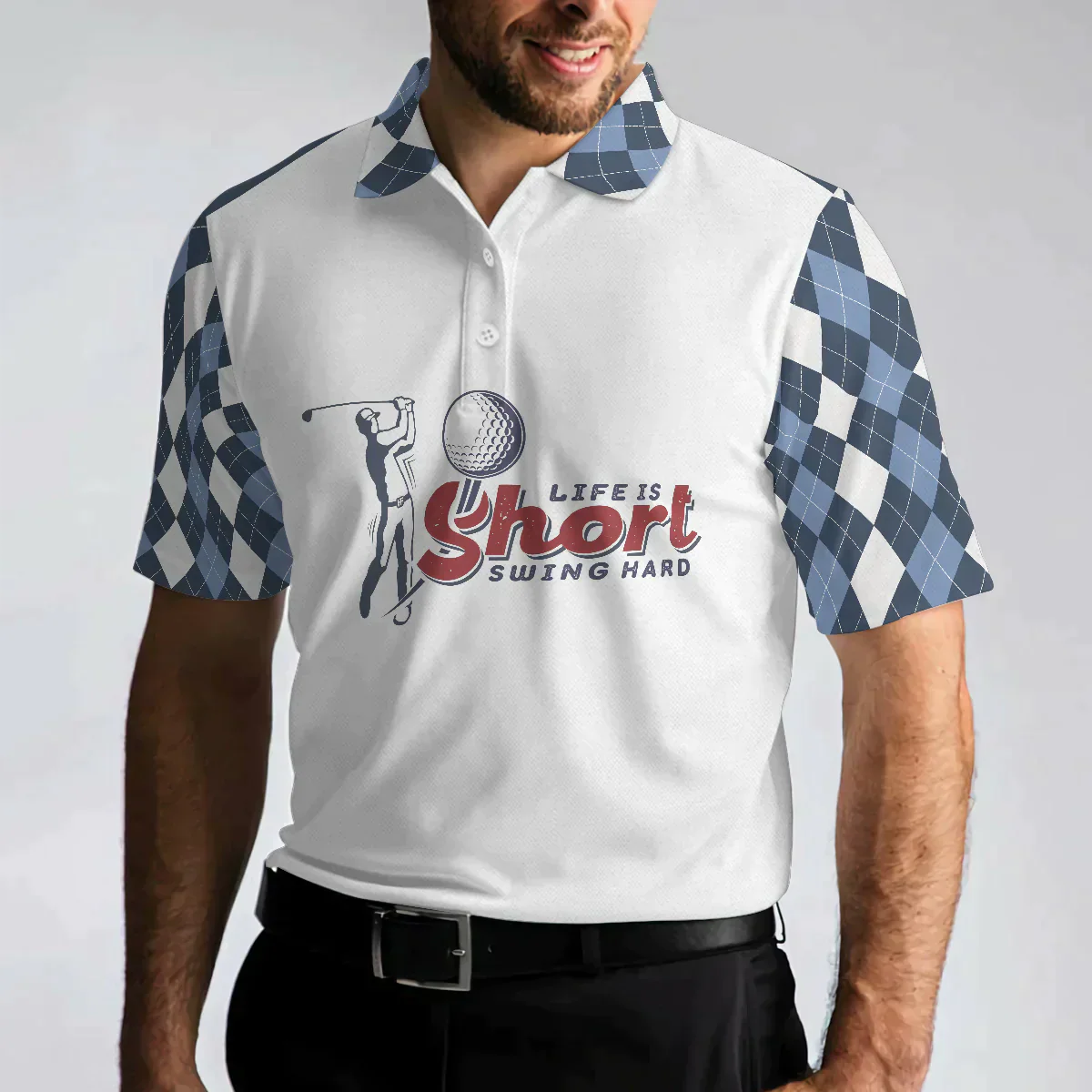 Men Golf Polo Shirt - Life Is Short Swing Hard Polo Shirt, Argyle Pattern Polo Shirt, Best Golf Shirt For Men, Golf Lover - Image 4
