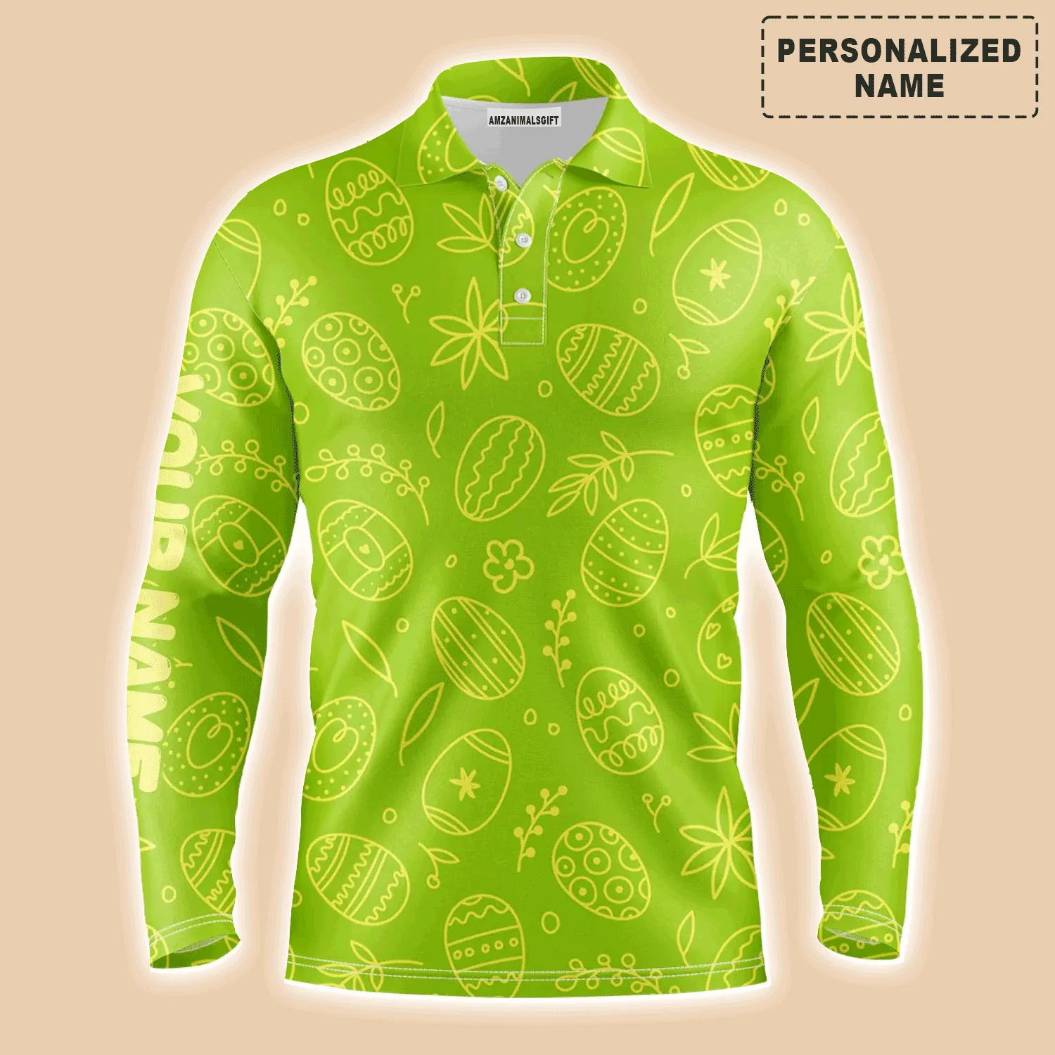 Men Easter Polo Shirt - Lime Green Easter Eggs Pattern Custom Name Polo Shirt - Personalized Gift For Golf Lover, Men, Easter's Day - Image 2