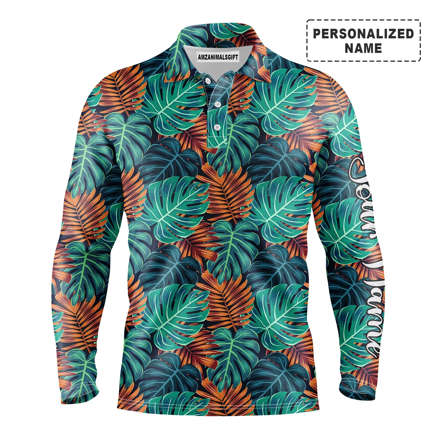 Men Tropical Polo Shirt - Monstera And Palm Leaves Nature Tropical Pattern Custom Name Men Polo Shirt - Personalized Gift For Men, Friends, Family - Image 2