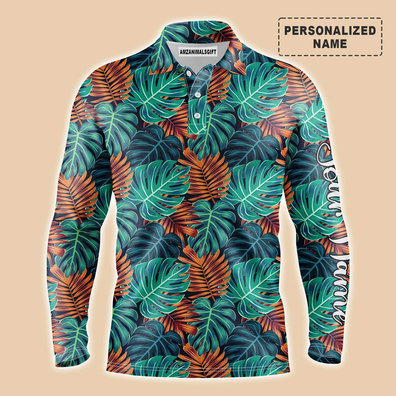 Men Tropical Polo Shirt - Monstera And Palm Leaves Nature Tropical Pattern Custom Name Men Polo Shirt - Personalized Gift For Men, Friends, Family - Image 3