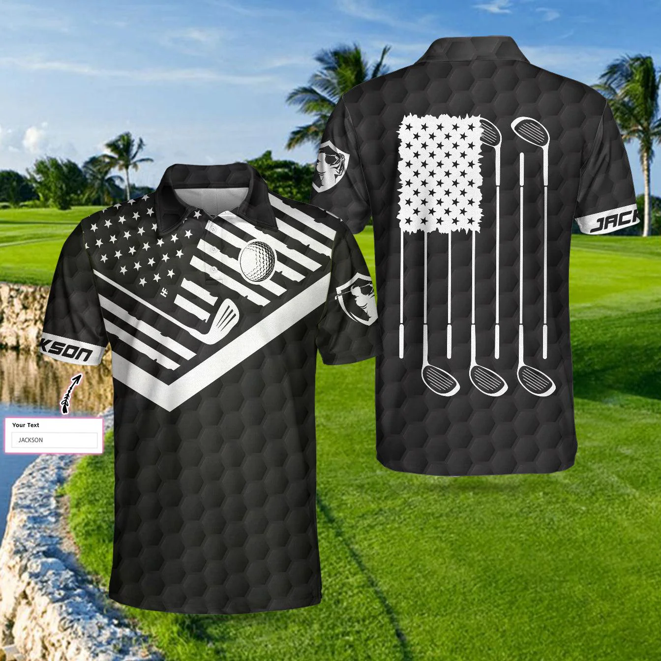 Men Golf Polo Shirt - Personalized Black Golf Pattern Men Polo Shirt, Patriotic Golf American Flag New Custom Polo Shirt, Best Gift For Men, Golfers