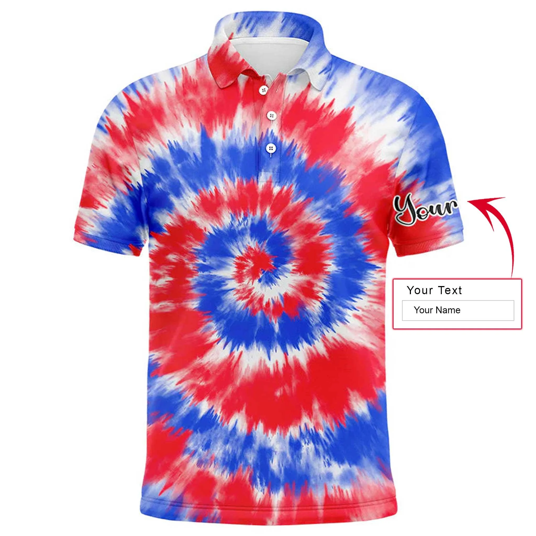 Men Golf Polo Shirt - Red And Blue Tie Dye Background Custom Name Golf Men Polo Shirt - Personalized Gift For Golf Lover, Team, Golfer, Husband, Boyfriend