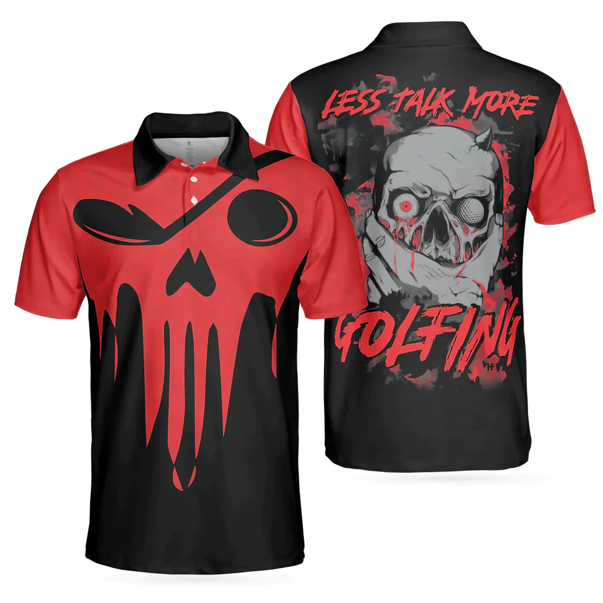 Men Golf Polo Shirt - Scary Skull Polo Shirt, Less Talk More Golfing Shirt, Black And Red Men Golf Polo Shirt - Perfect Polo Shirt For Men, Golfers