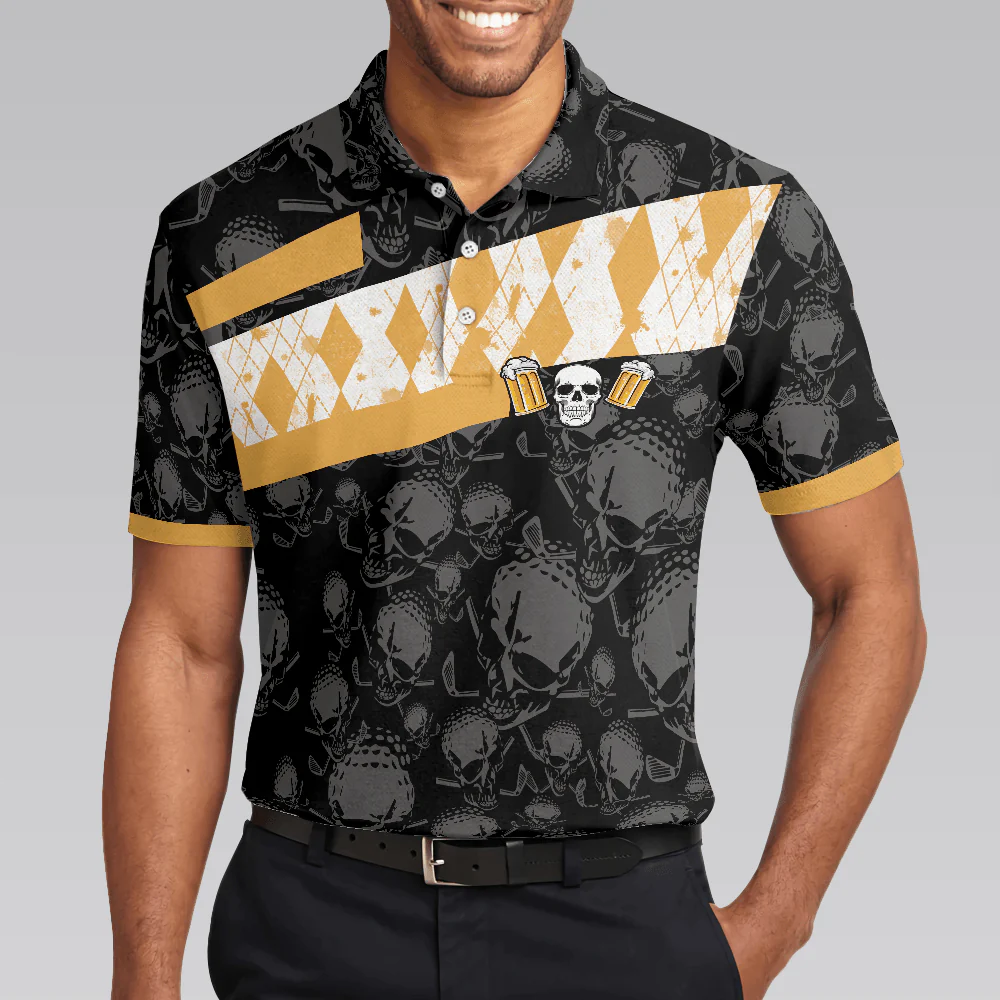 Men Golf Polo Shirt - Skull Beer Drinking Golf Men Polo Shirt, Golf & Beer Is My Therapy Shirt Design, Best Golf Shirt For Male Golfers - Image 4