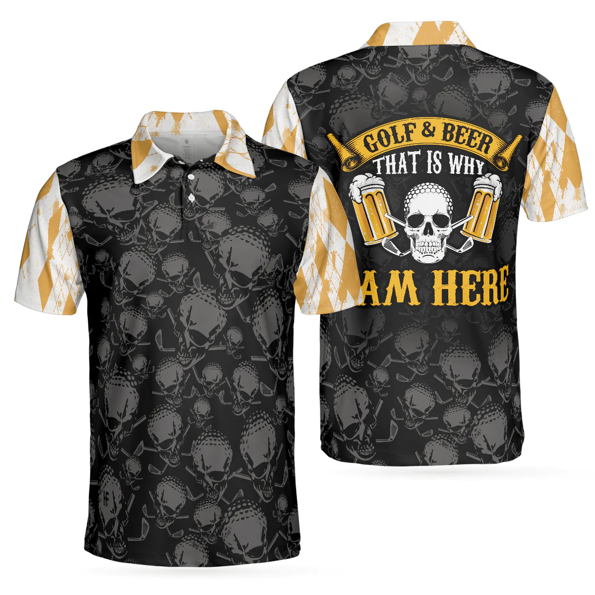 Men Golf Polo Shirt - Skull Cool Drinking Golf Men Polo Shirt, Golf & Beer That Is Why I Am Here Skull Polo Shirt, Best Golf Shirt Design For Beer Lovers