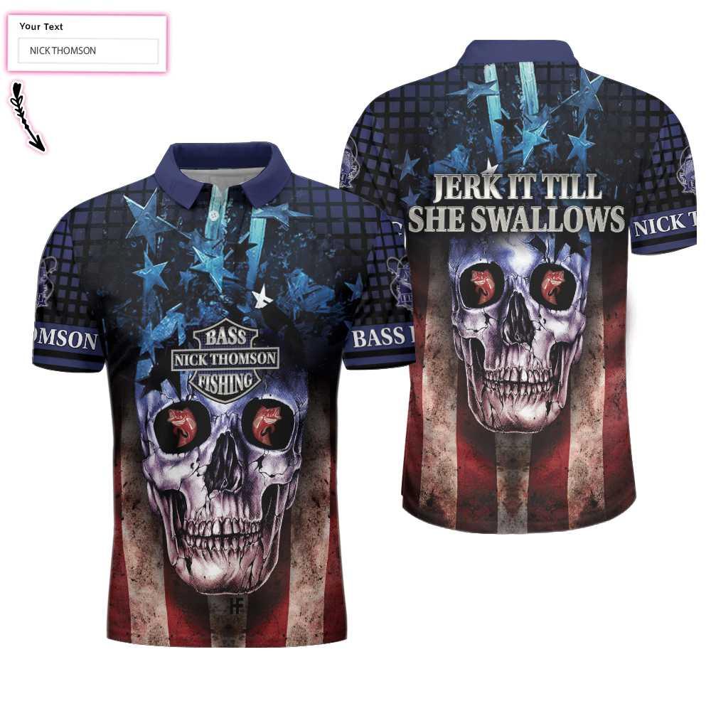 Men Golf Polo Shirt - Skull Fishing Custom Name Polo Shirt, Jerk It Till She Swallows Custom Polo Shirt, Personalized American Flag Fishing Shirt