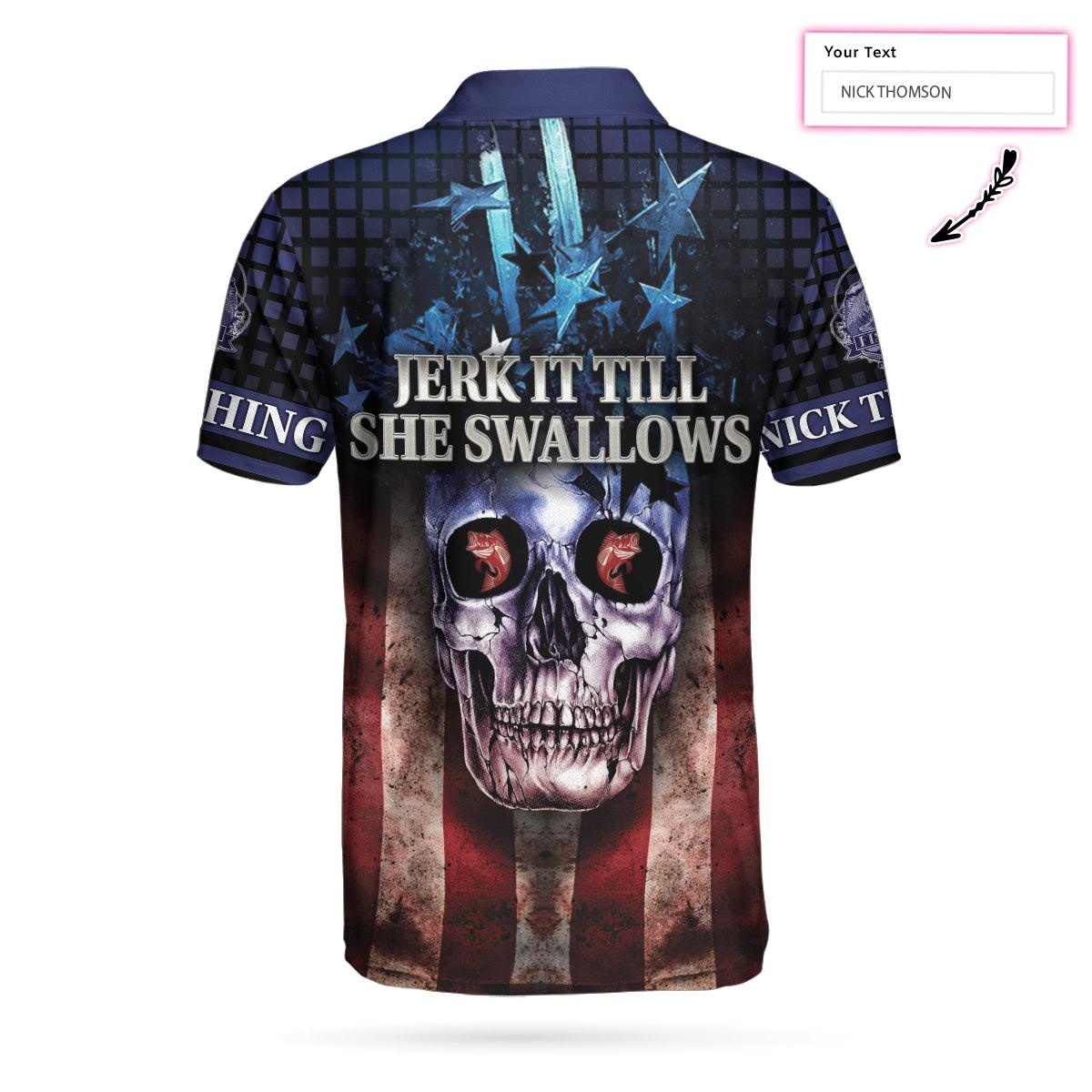Men Golf Polo Shirt - Skull Fishing Custom Name Polo Shirt, Jerk It Till She Swallows Custom Polo Shirt, Personalized American Flag Fishing Shirt - Image 2