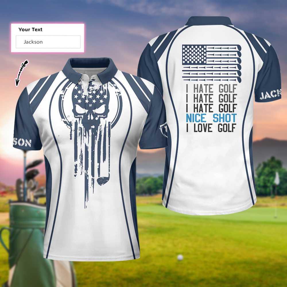 Men Golf Polo Shirt - Skull Golf Custom Name Polo Shirt, Personalized Skull American Flag Golf Polo Shirt - Perfect Gift For Men, Golfers