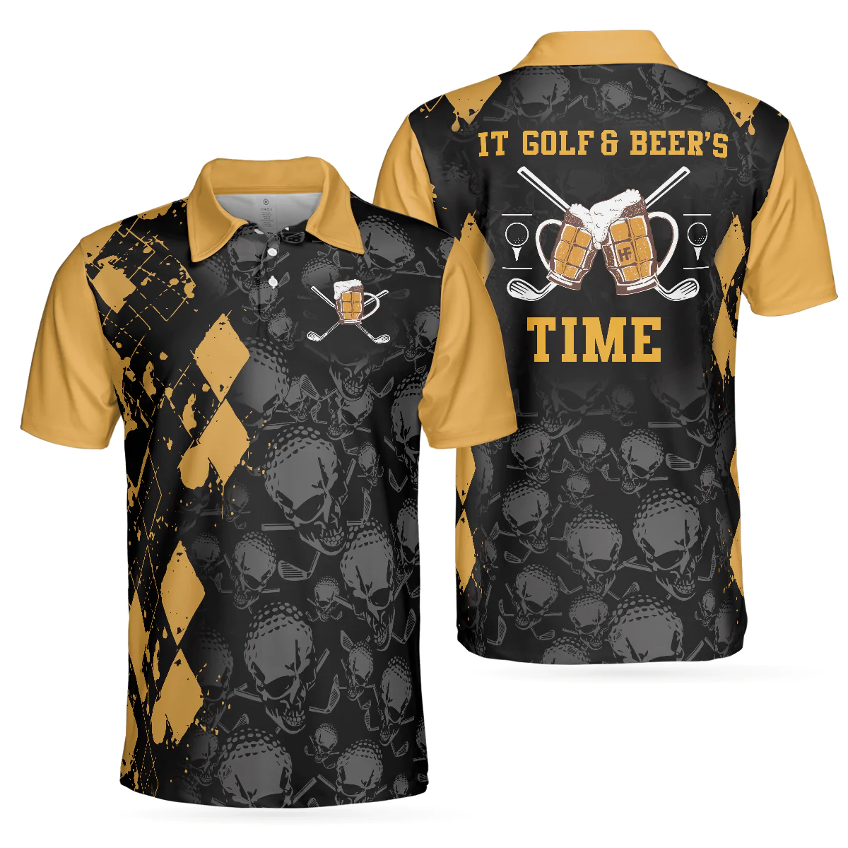 Men Golf Polo Shirt - Skull Pattern Golf Drinking Men Polo Shirt, It Golf & Beer's Time Polo Shirt, Best Beer Golf Shirt For Men