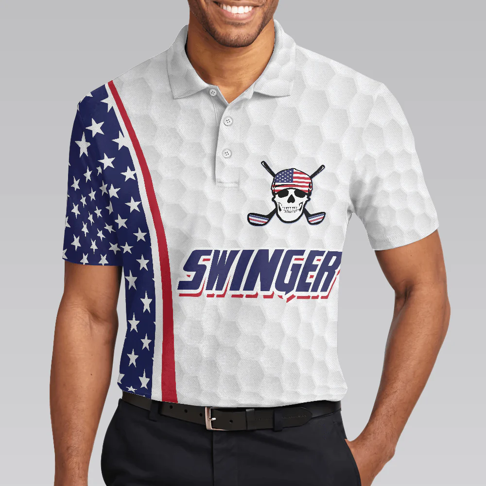 Men Golf Polo Shirt - Swinger Skull Golf Polo Shirt, Golf Pattern American Flag Polo Shirt, Best Golf Shirt For Men - Perfect Gift For Men, Golfers - Image 4