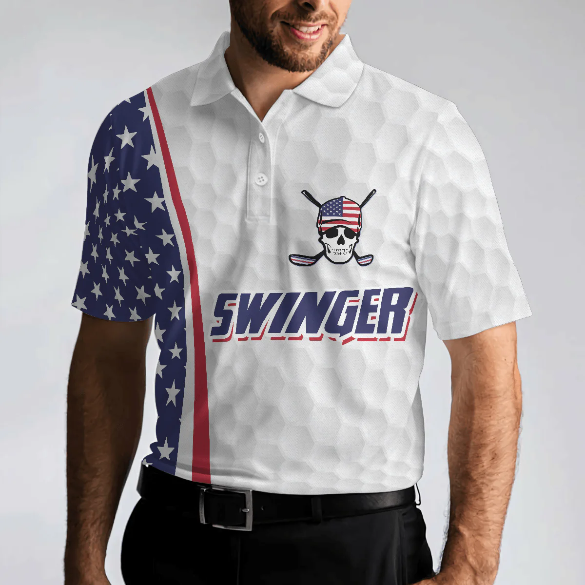 Men Golf Polo Shirt - Swinger Skull Golf Polo Shirt, Golf Pattern American Flag Polo Shirt, Best Golf Shirt For Men - Perfect Gift For Men, Golfers - Image 5