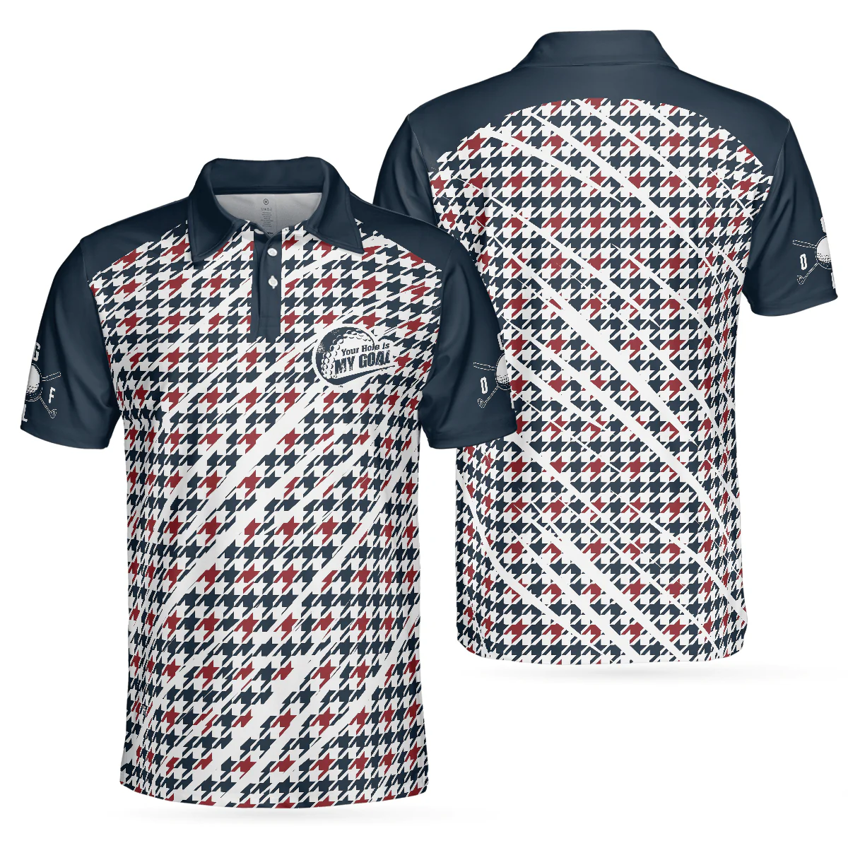 Men Golf Polo Shirt - Trendy Red & Blue Houndstooth Pattern Golf Shirt, Your Hole Is My Goal Polo Shirt - Perfect Gift For Men