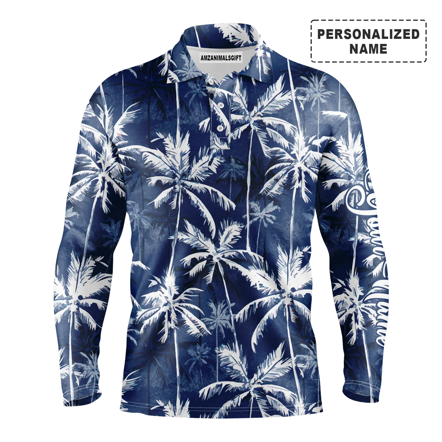 Men Tropical Polo Shirt - Tropical Background Blue Watercolor Palms Custom Name Men Polo Shirt - Personalized Gift For Men, Friends, Family - Image 2