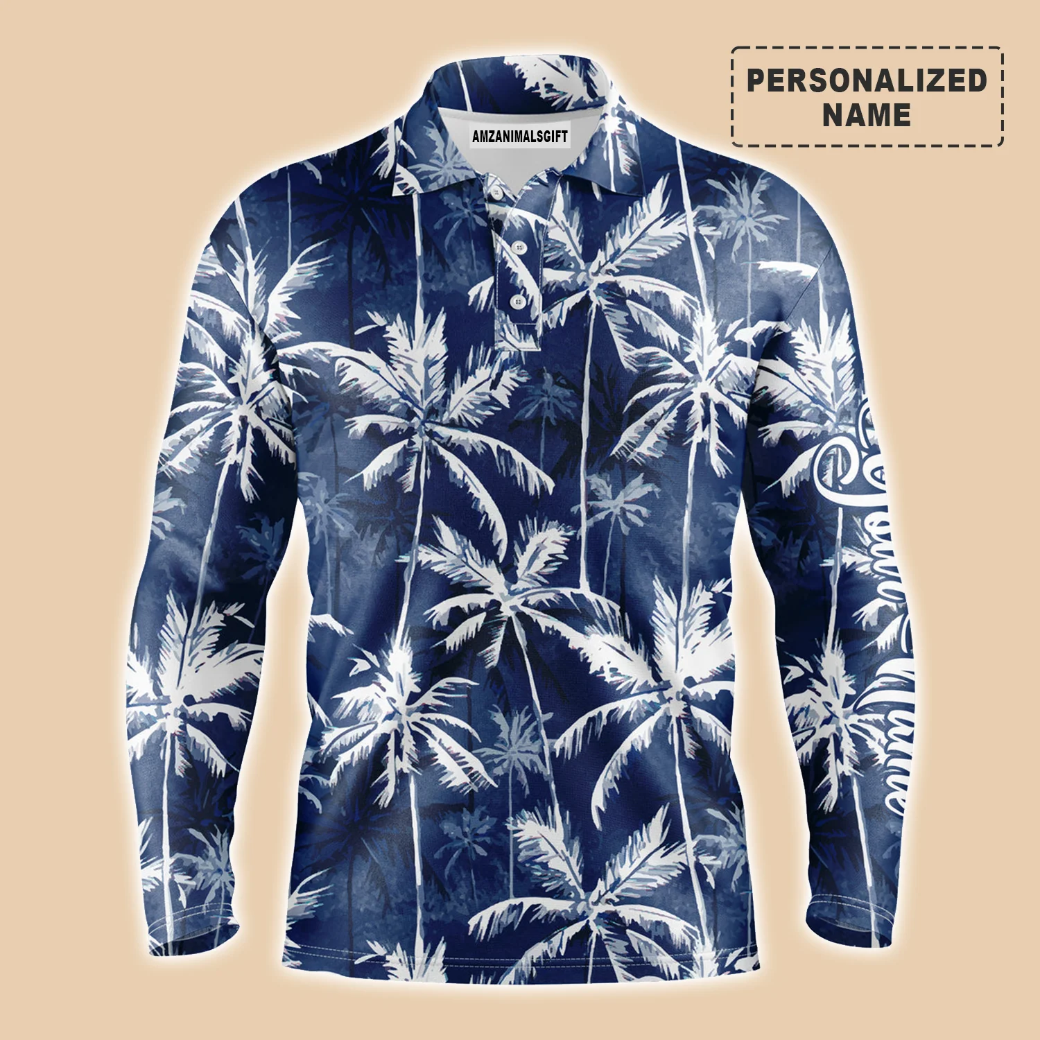 Men Tropical Polo Shirt - Tropical Background Blue Watercolor Palms Custom Name Men Polo Shirt - Personalized Gift For Men, Friends, Family - Image 3