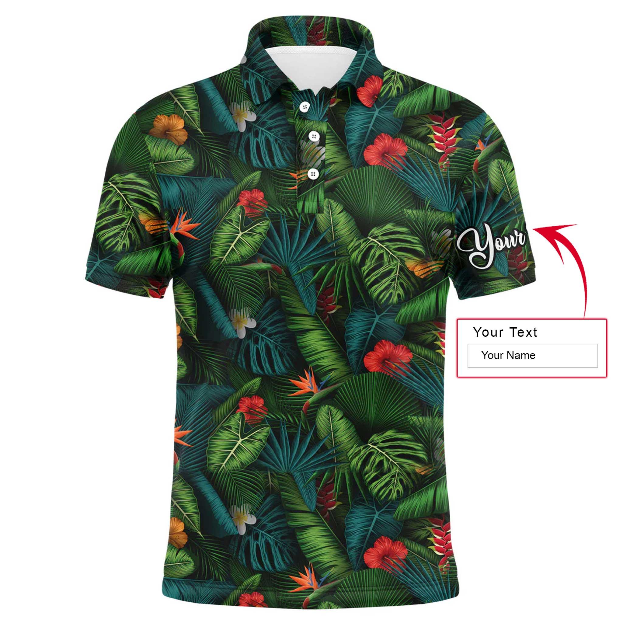 Men Tropical Polo Shirt - Tropical Summer Leaves Background Custom Name Men Polo Shirt - Personalized Gift For Men & Women, Friends, Family