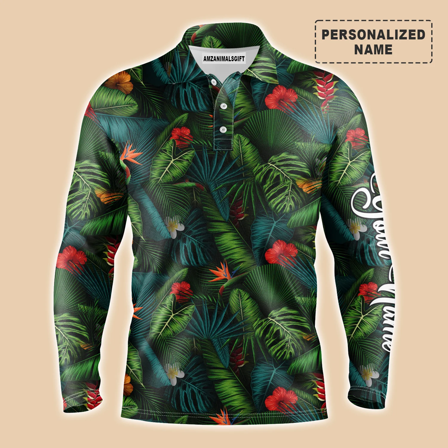Men Tropical Polo Shirt - Tropical Summer Leaves Background Custom Name Men Polo Shirt - Personalized Gift For Men & Women, Friends, Family - Image 3