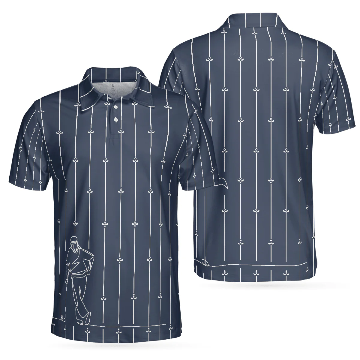 Men Golf Polo Shirt - Vertical Stripe Golf Club Polo Shirt, Black And White One Line Drawing Golfer Polo Shirt - Perfect Gift For Men