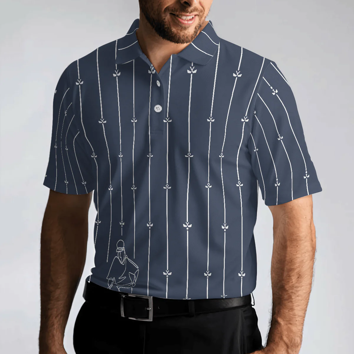 Men Golf Polo Shirt - Vertical Stripe Golf Club Polo Shirt, Black And White One Line Drawing Golfer Polo Shirt - Perfect Gift For Men - Image 4