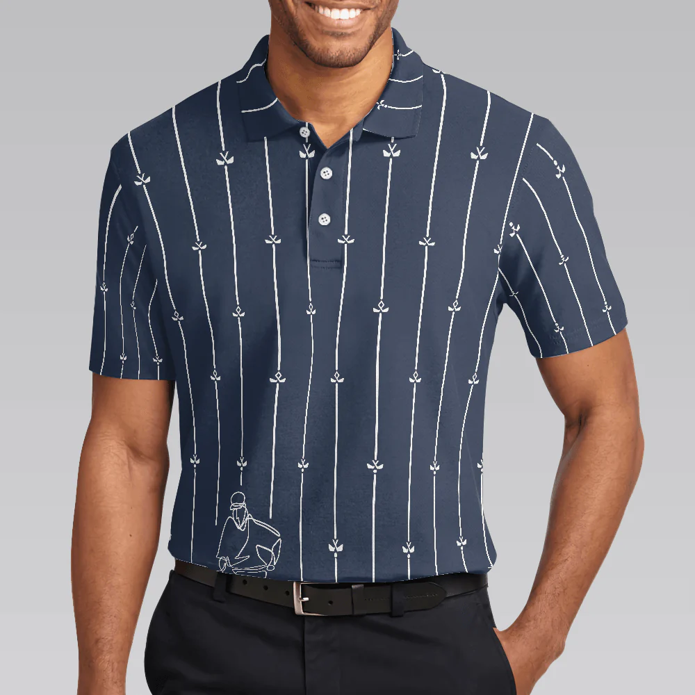 Men Golf Polo Shirt - Vertical Stripe Golf Club Polo Shirt, Black And White One Line Drawing Golfer Polo Shirt - Perfect Gift For Men - Image 5