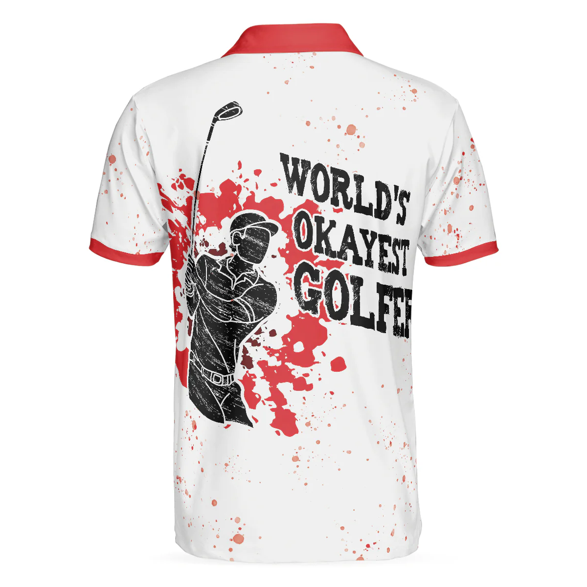 Men Golf Polo Shirt - World's Okayest Golfer Golf Polo Shirt, Red Paint Splash Black Golfer Silhouette Polo Shirt, Best Golf Shirt For Men - Image 2