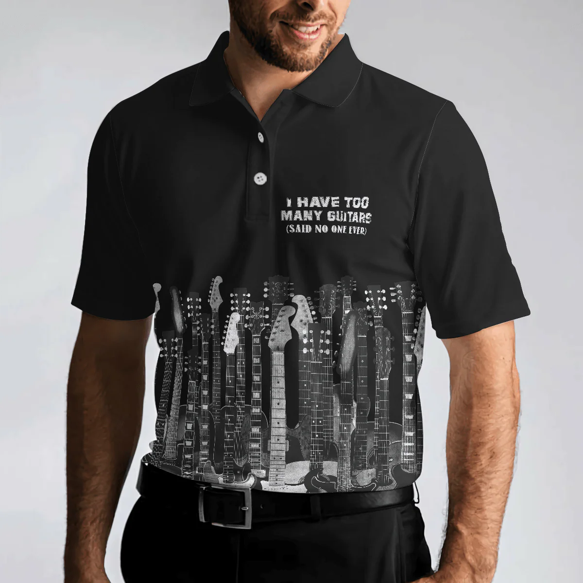 Men Guitar Polo Shirt - I Have Too Many Guitars Black Polo Shirt, Guitarist Polo Shirt, Best Guitar Shirt For Men - Image 4