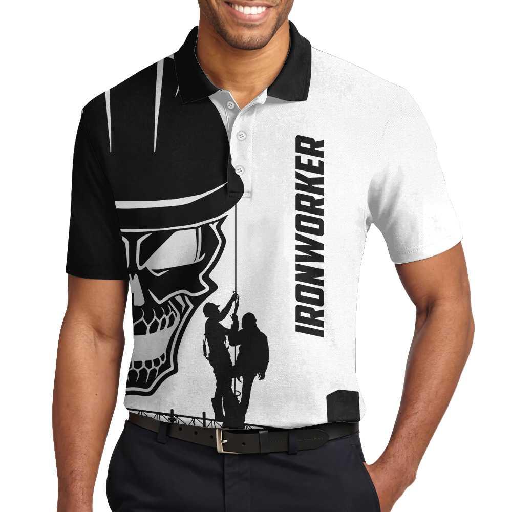 Men Ironworker Polo Shirt - Ironworker Skull Polo Shirt, Black Silhouette Skull Polo Shirt, Ironworker Shirt For Men - Image 2