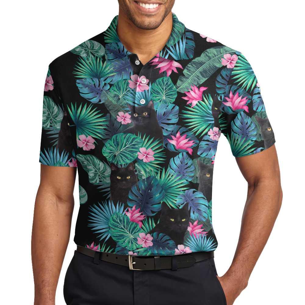 Men Polo Shirt - Black Cat Tropical Short Sleeve Polo Shirt, Cute Floral Polo Shirt, Best Golf Shirt For Men - Image 4