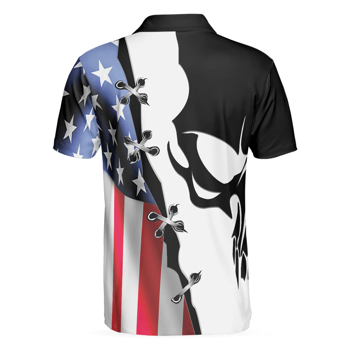 Men Polo Shirt - Black Skull Billiards Short Sleeve Polo Shirt, American Flag Polo Shirt, Best Billiards Shirt For Men - Image 2