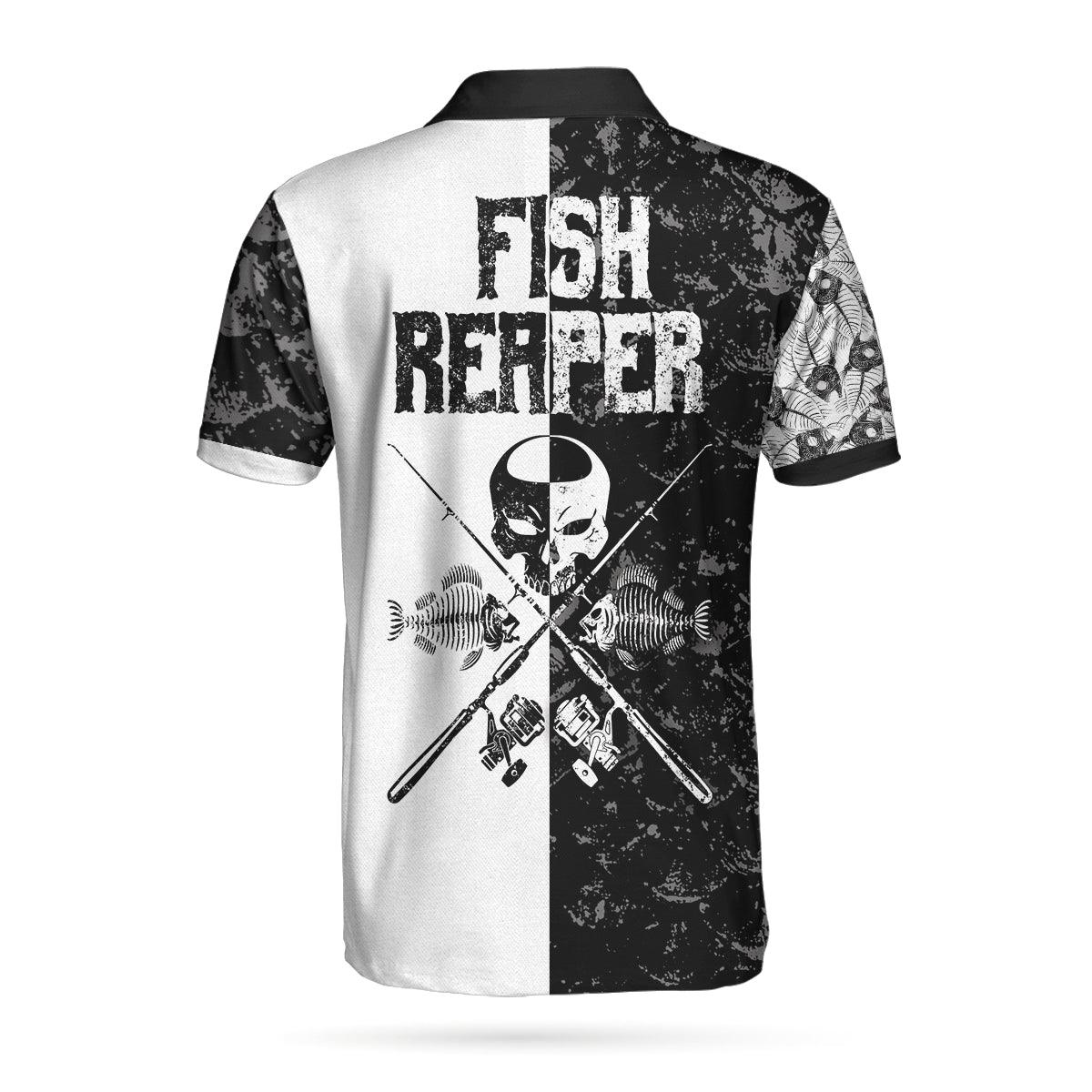 Men Polo Shirt - Black & White Fish Reaper With Grim Reaper Polo Shirt, Skull Polo Shirt, Best Fishing Shirt For Men - Image 3