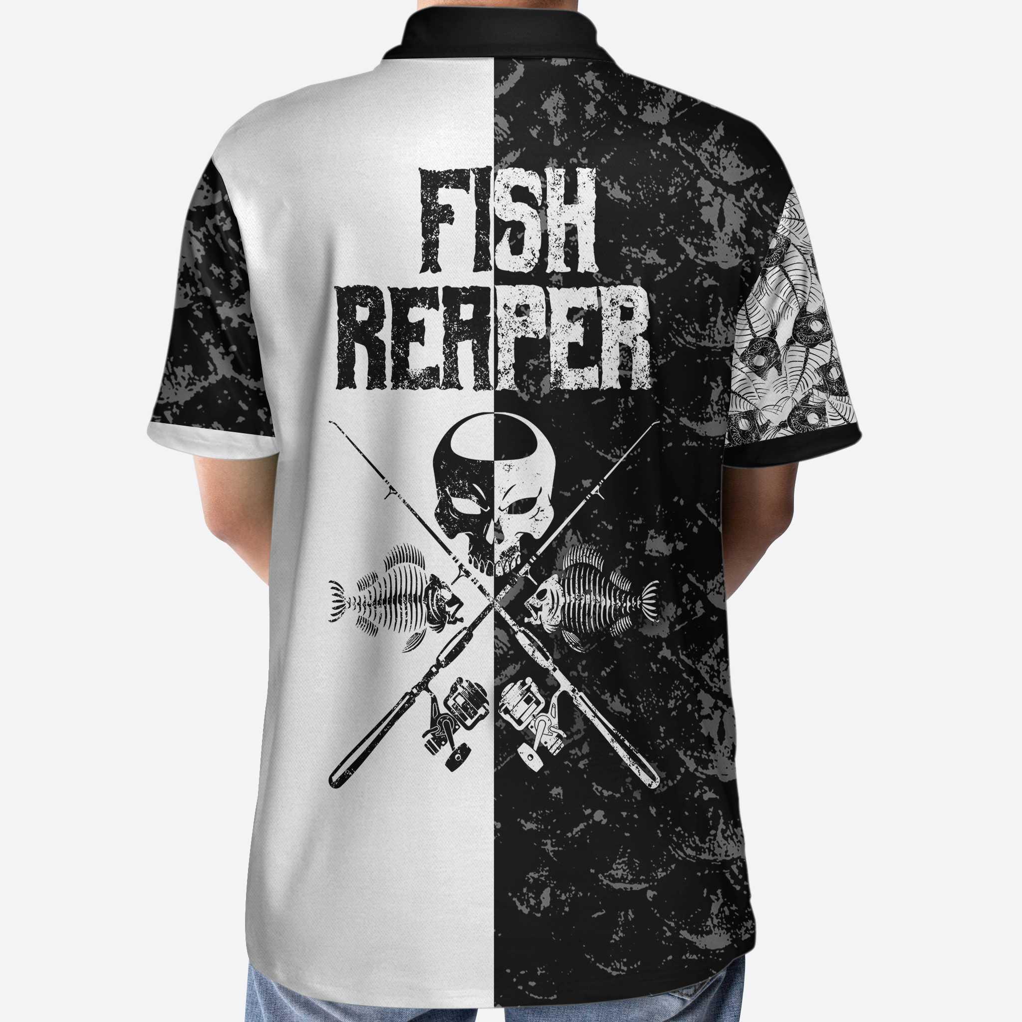 Men Polo Shirt - Black & White Fish Reaper With Grim Reaper Polo Shirt, Skull Polo Shirt, Best Fishing Shirt For Men - Image 4