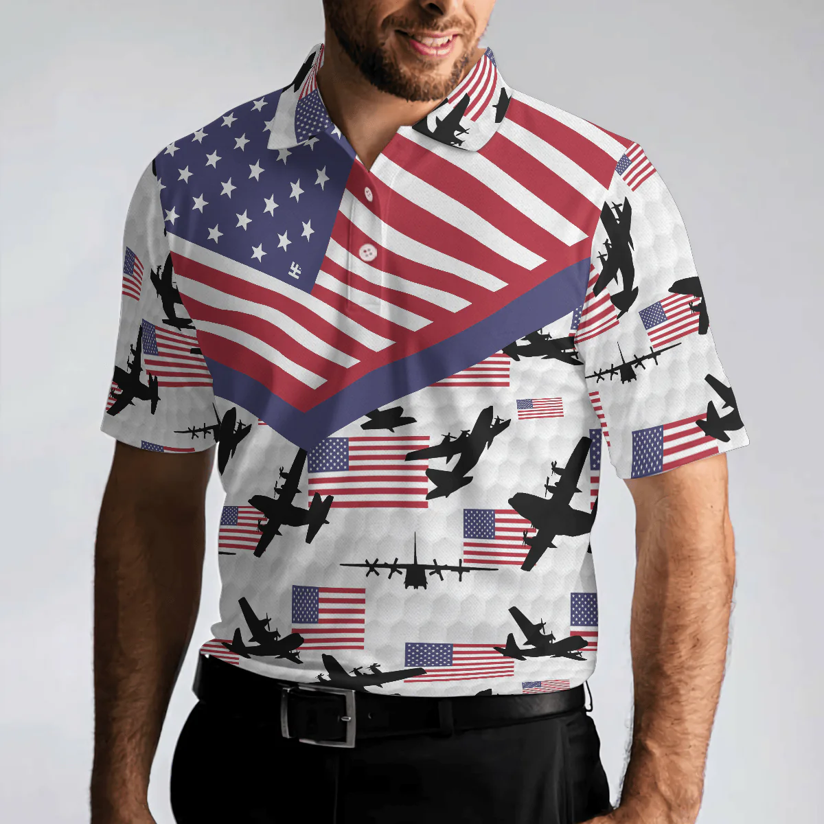 Men Polo Shirt - Golf Airplane Pattern Men Polo Shirt, American Flag Shirt For Men, Best Gift For Airplane Lover - Image 4