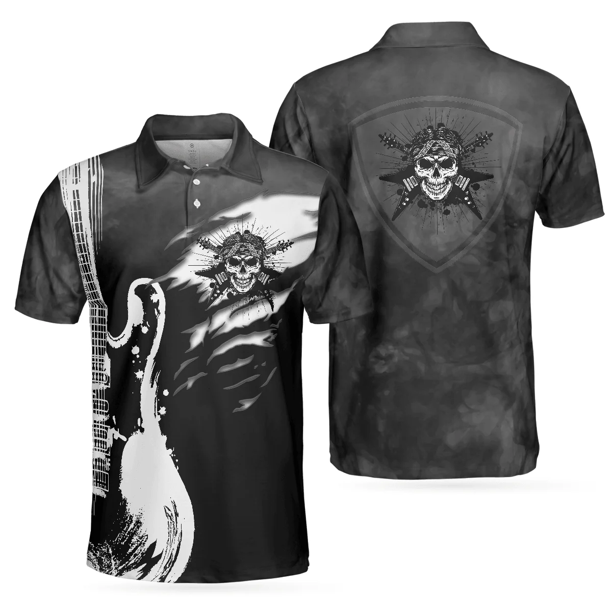 Men Polo Shirt - Guitar And Skull Men Polo Shirt, Streetwear Polo Shirt, Black And White Guitar Shirt For Men