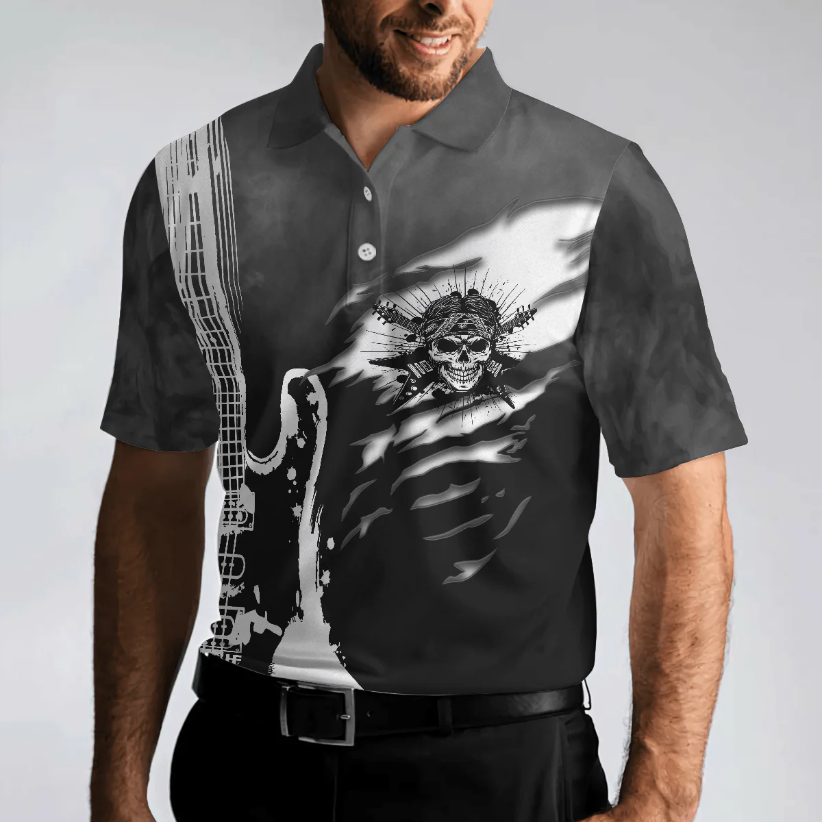 Men Polo Shirt - Guitar And Skull Men Polo Shirt, Streetwear Polo Shirt, Black And White Guitar Shirt For Men - Image 5