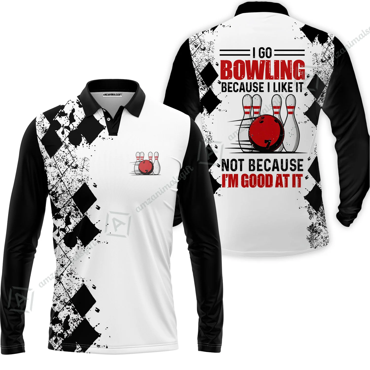 Men Polo Shirt - I Go Bowling Because I Like It Men Polo Shirt, Black Argyle Pattern Shirt Design, Best Polo Style Bowling Shirt - Image 3