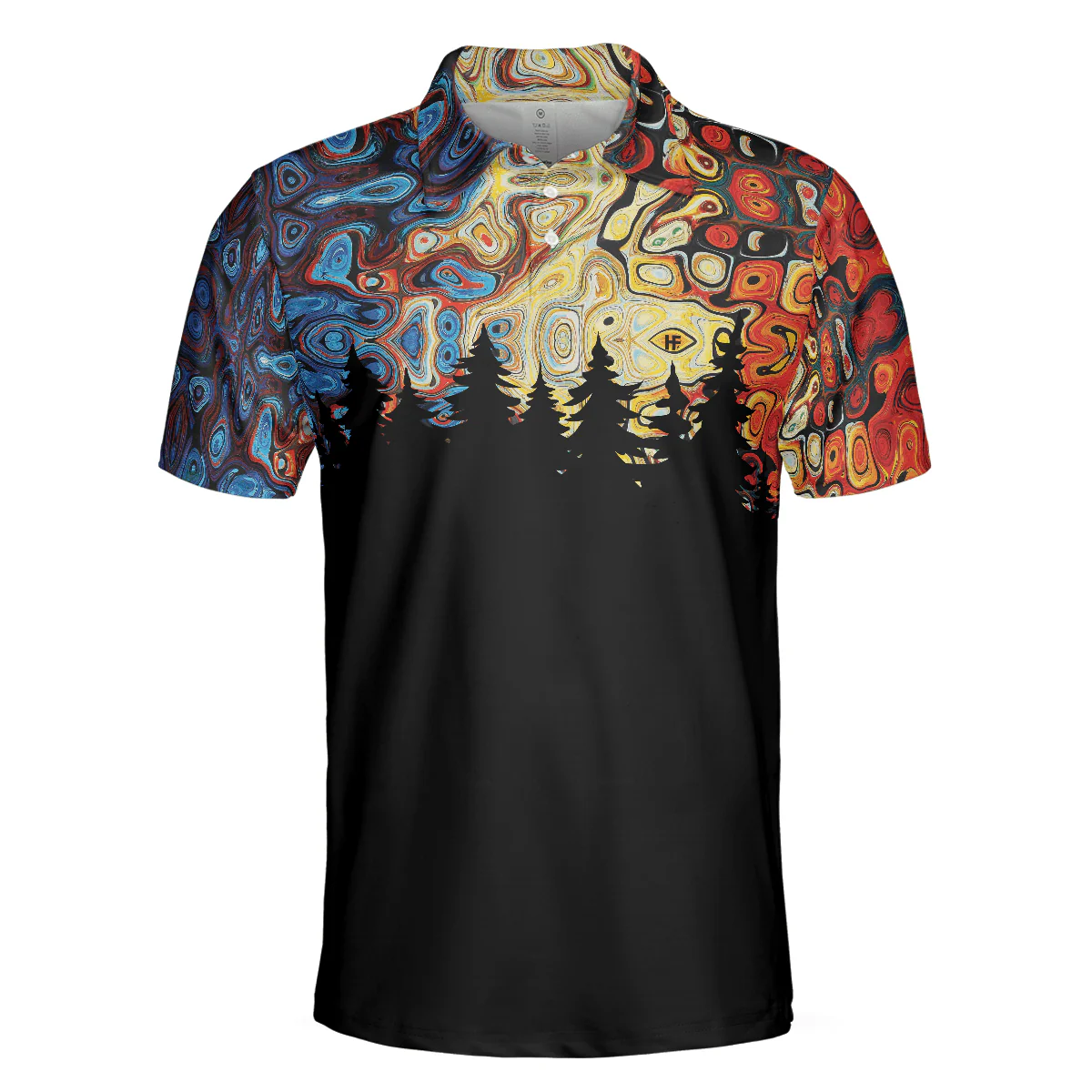 Men Polo Shirt - Sky Wavy Abstract Seamless Pattern Polo Shirt, Silhouette Pine Forest Polo Shirt, Black Golf Shirt For Men - Image 3