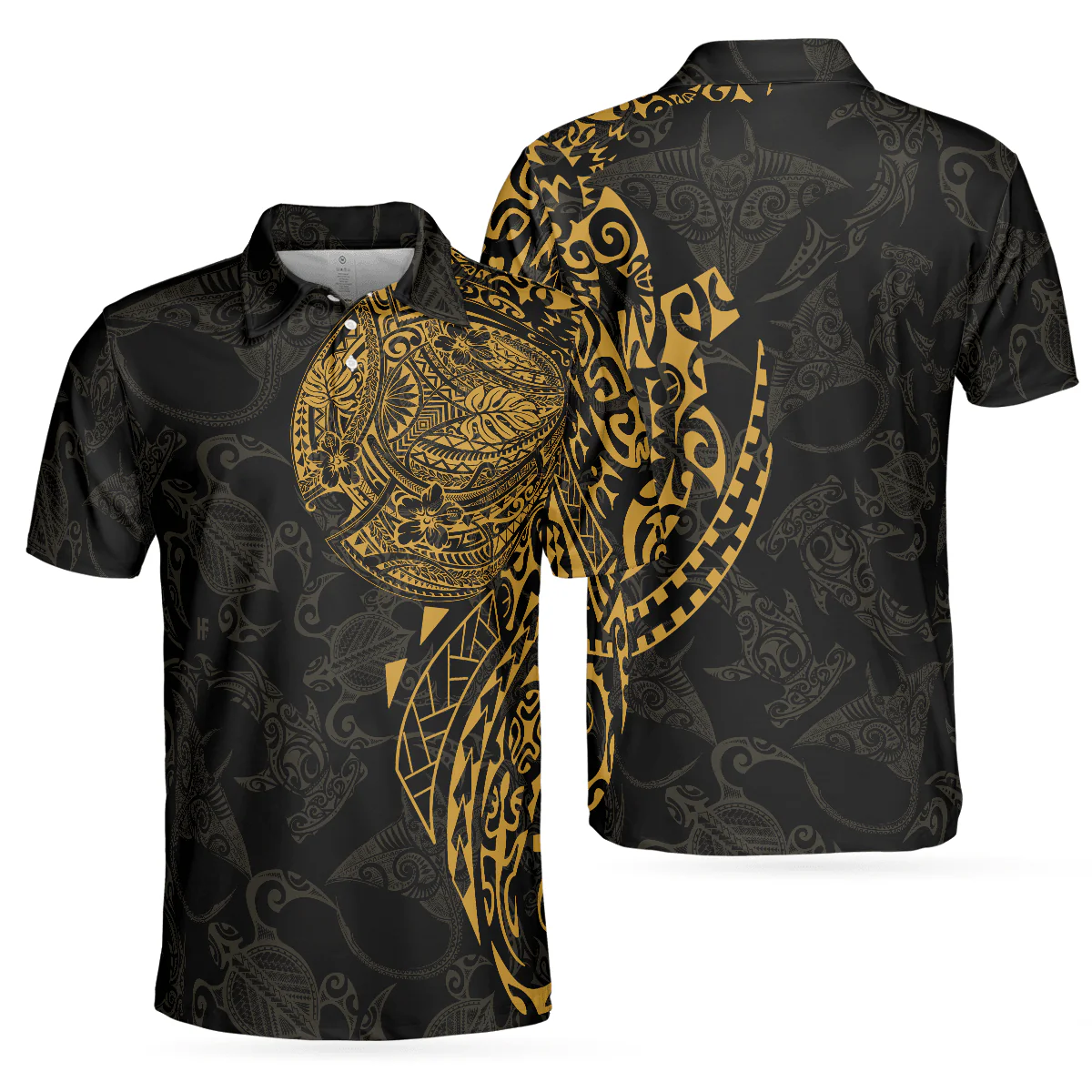 Men Sea Turtle Polo Shirt - Strong And Cool Polynesian Pattern Polo Shirt, Luxury Black And Gold Shirt For Men, Sea Turtle Polo Shirt For Men