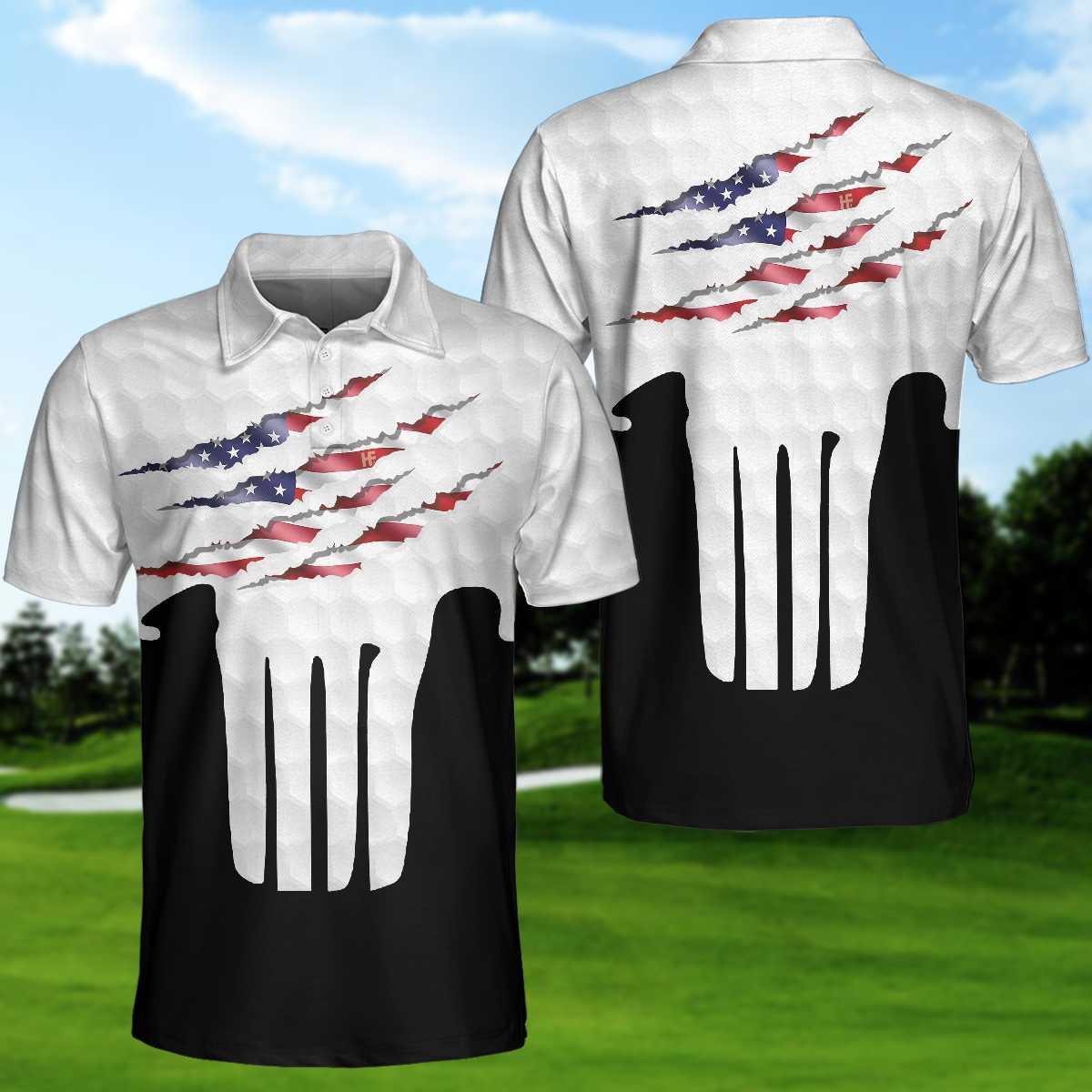 Men Skull Polo Shirt - Ripped Skull American Flag Men Polo Shirt, Golf Pattern Polo Shirt, Best Golf Shirt For Male