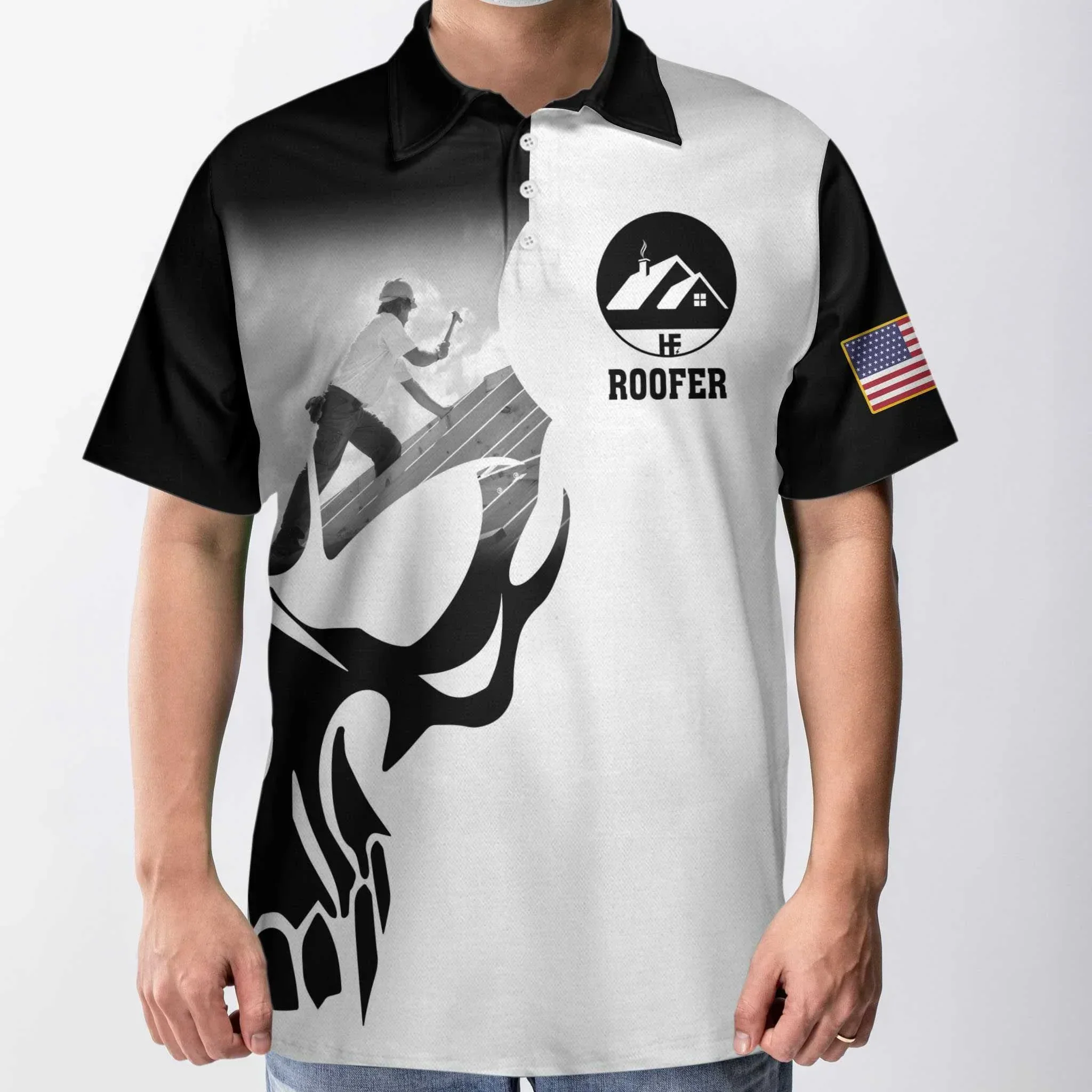 Men Skull Polo Shirt - Roofer Proud Skull Black And White Men Polo Shirt, If You Think You Can Do My Job Polo Shirt, Best Roofer Shirt For Male - Image 2