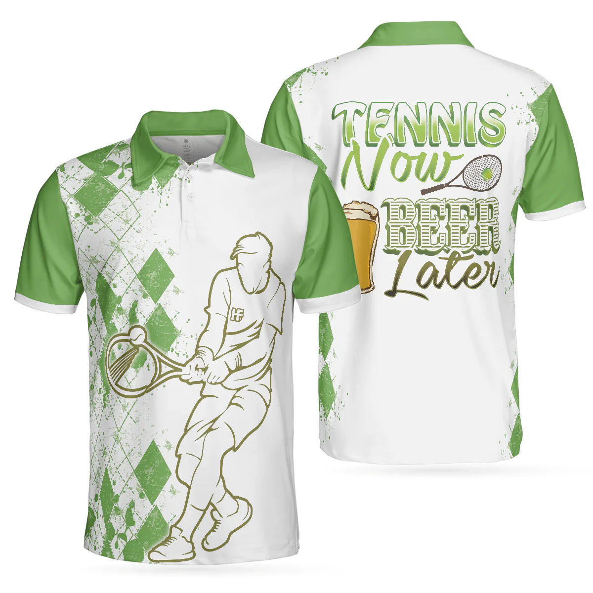 Men Tennis Polo Shirt, Tennis Now Beer Later Polo Shirt, White And Green Tennis Shirt For Men - Perfect Gift For Men, Tennis Players