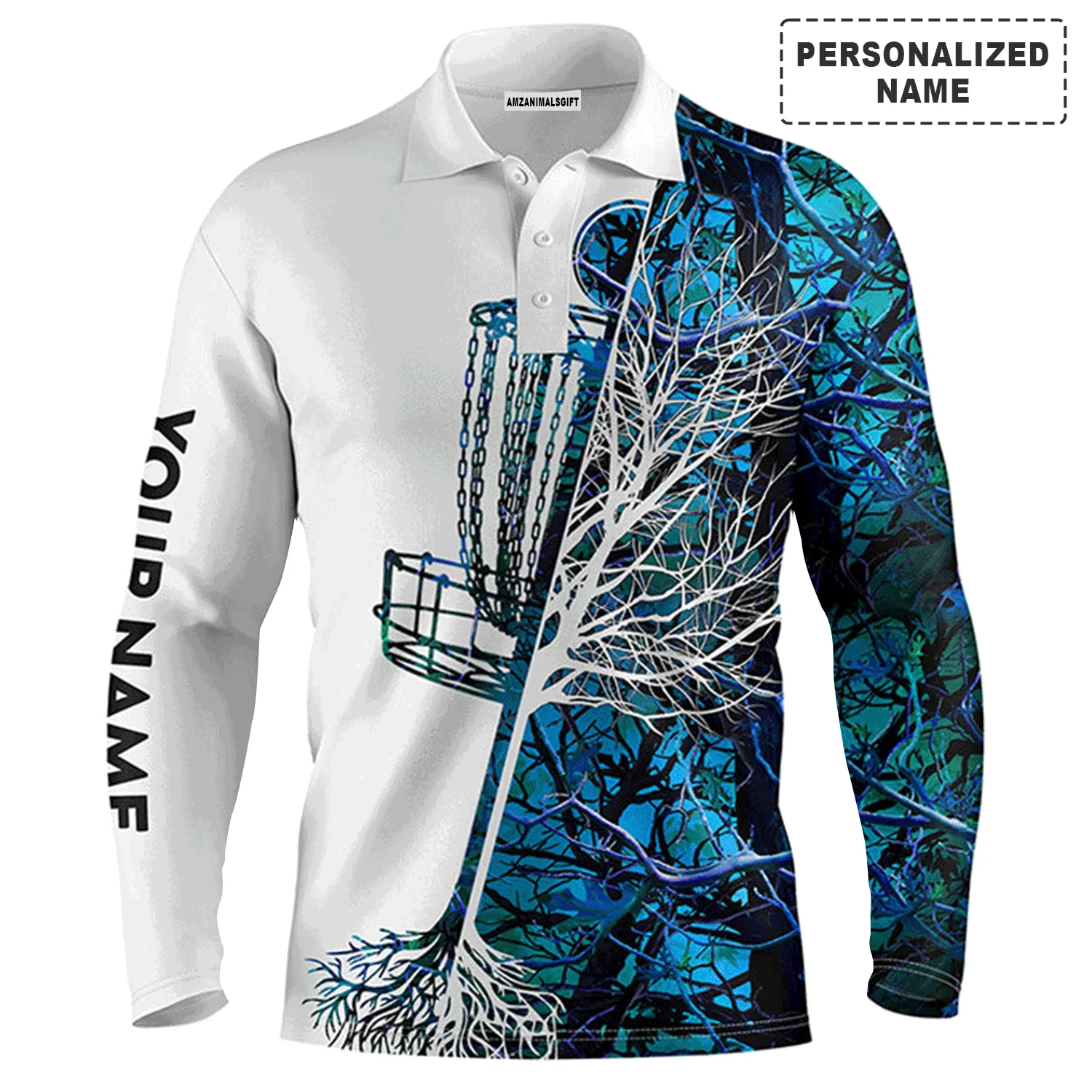 Men's Disc Golf Men Polo Shirt, Custom Name Blue Camo Basket Apparel - Personalized Sports Gift For Men, Husband, Boyfriend, Golf Lover - Image 3