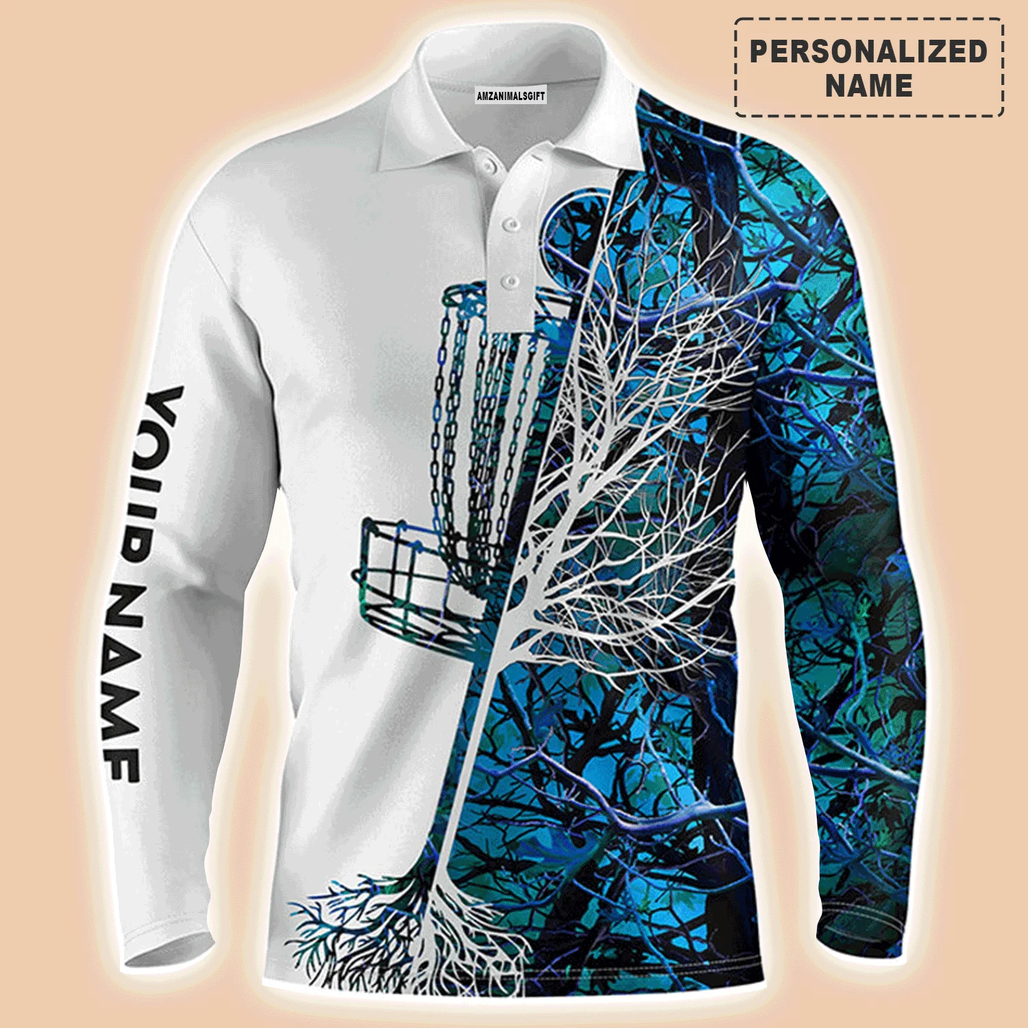 Men's Disc Golf Men Polo Shirt, Custom Name Blue Camo Basket Apparel - Personalized Sports Gift For Men, Husband, Boyfriend, Golf Lover - Image 4